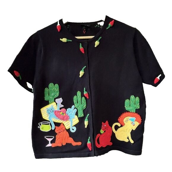 Christina Rotelli Cat Sweater Cat Fiesta 3D Size Small Mexican Margarita Vintage - Picture 1 of 12